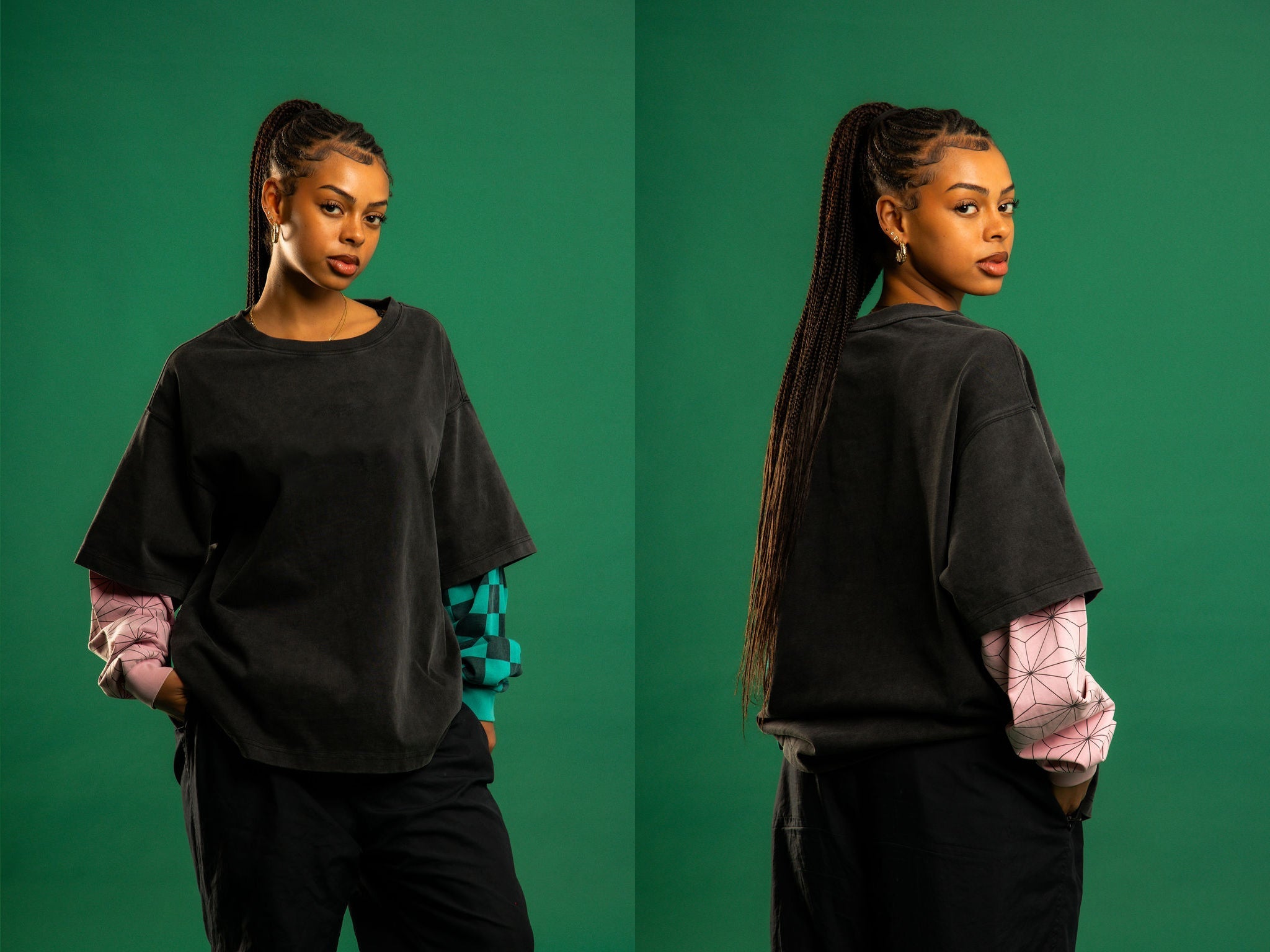 DEMON SLAYER SIBLING DOUBLE LAYER LONG SLEEVE SHIRT (WASHED BLACK)